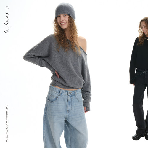 RA everyday 轻松斜肩纯羊毛针织衫 黑色/灰色