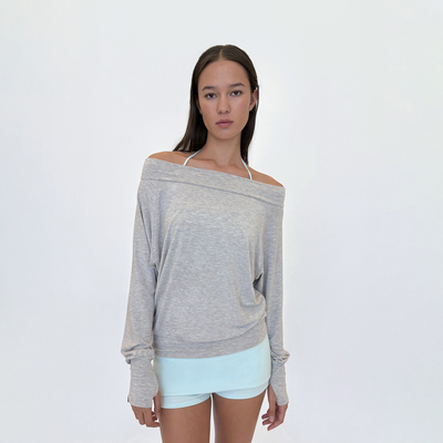 RA everyday 莫代尔一字肩蝙蝠袖堆堆上衣 灰色/黑色