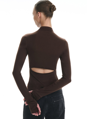 RA everyday 小高领镂空长袖T恤 咖色/黑色