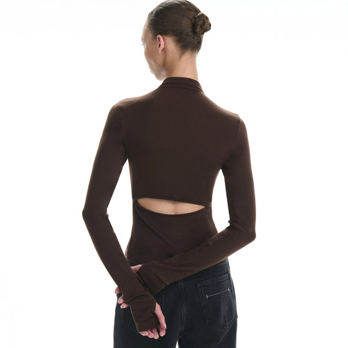 RA everyday 小高领镂空长袖T恤 咖色/黑色