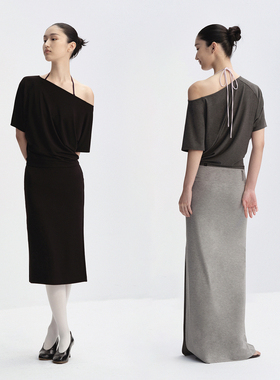 RA everyday 不对称斜肩弹力垂感短袖T恤 黑色/深灰