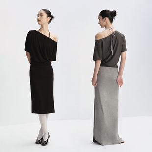 黑色 T恤 不对称斜肩弹力垂感短袖 深灰 everyday