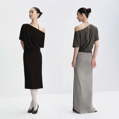 RA everyday 不对称斜肩弹力垂感短袖T恤 黑色/深灰