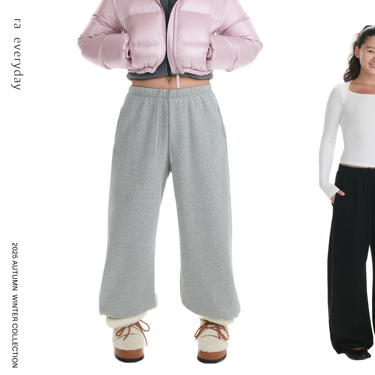 RA everyday “散步”宽松可束脚加绒卫裤 黑色/花灰/白色