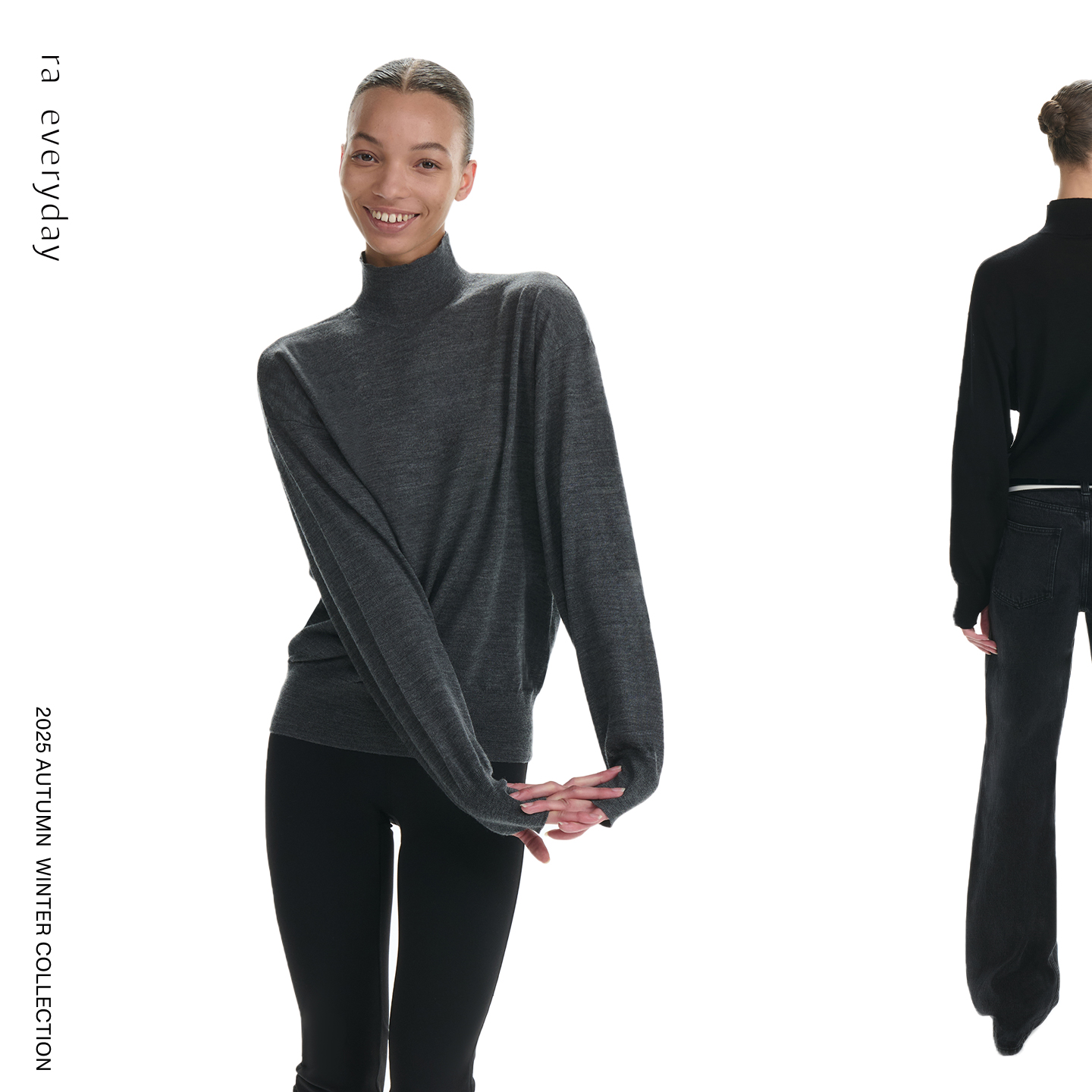 RA everyday 蝙蝠袖高领纯羊毛上衣 黑色/深灰