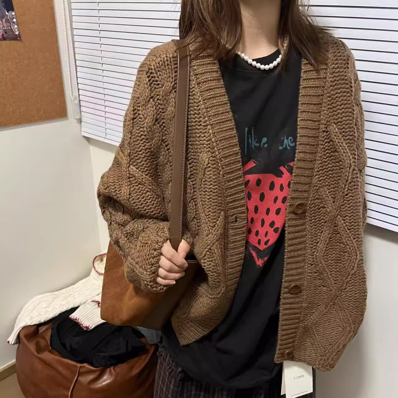 纯色麻花单排扣长袖针织衫开衫