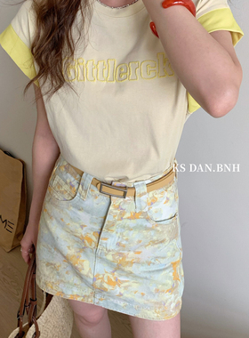 KISS SISTER 高腰花朵图案牛仔半身裙显瘦A字短裙86063