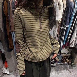 T恤百搭上衣打底衫 长袖 连帽领条纹拼色手肘补丁修身 DUODUO