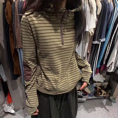 连帽领条纹拼色手肘补丁长袖T恤