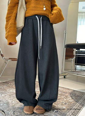 喜大东 抽绳松紧腰纯色高级感宽松阔腿加绒卫裤休闲裤3713
