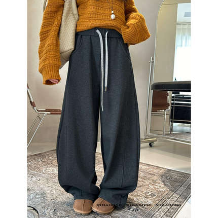 喜大东 抽绳松紧腰纯色高级感宽松阔腿加绒卫裤休闲裤3713