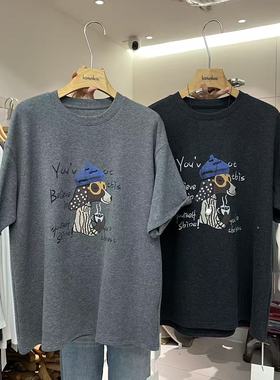 HANMIGAO 圆领字母卡通图案宽松厚款短袖磨毛T恤63702