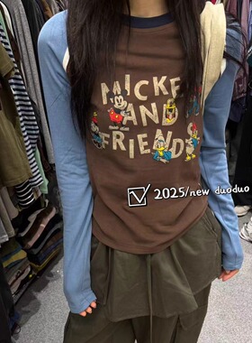 DUODUO 圆领字母图案插肩袖拼色长袖T恤上衣