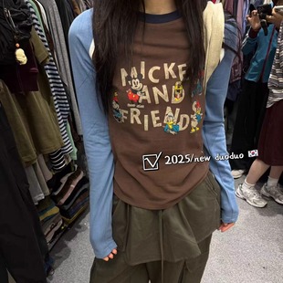 T恤上衣 拼色长袖 DUODUO 圆领字母图案插肩袖