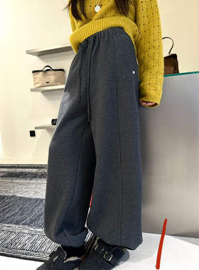 3R3 抽绳松紧腰纯色高级感宽松阔腿加绒卫裤弯刀裤休闲裤11763