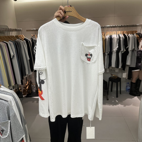 卡通图蕾丝花边拼接袖假两件T恤