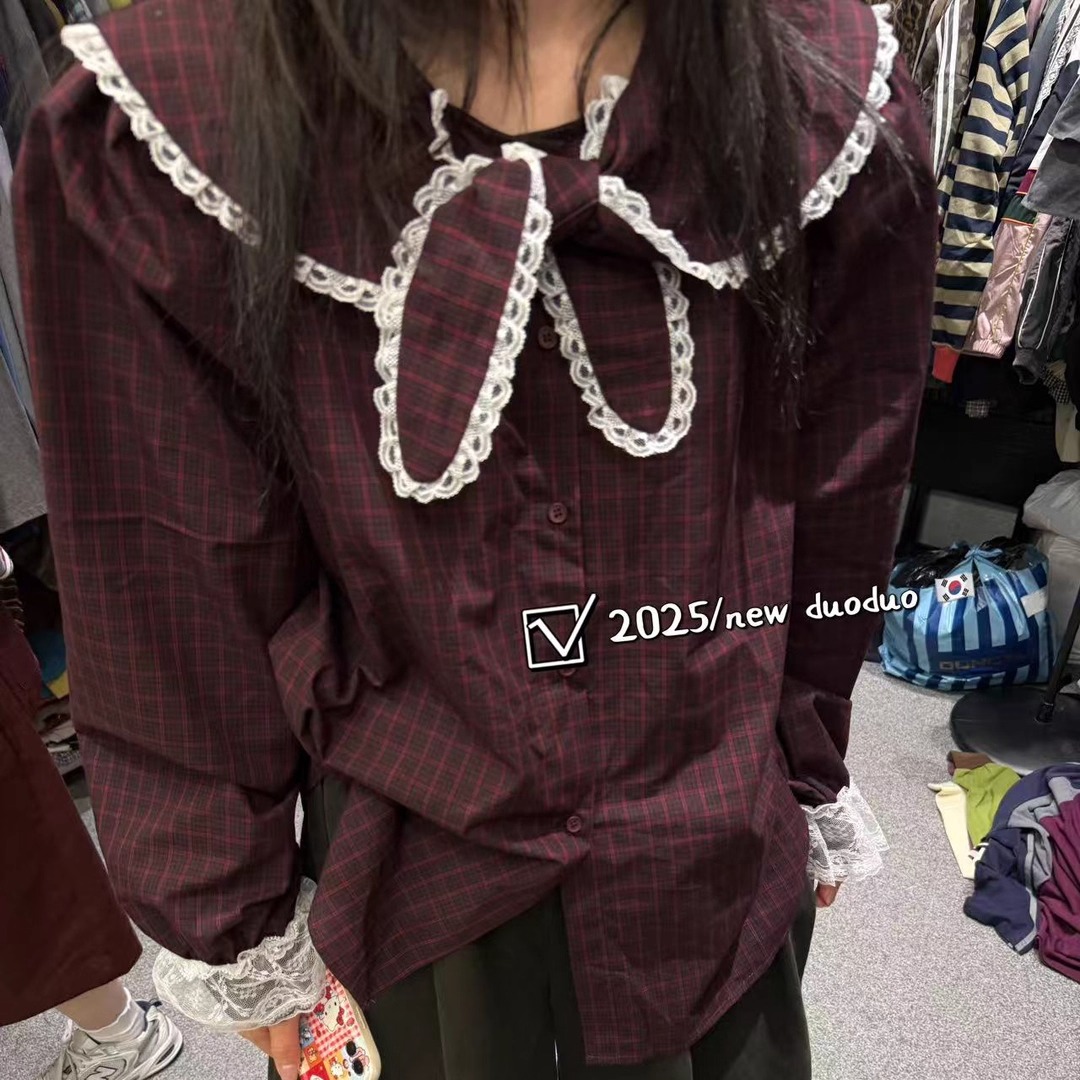 蕾丝花边格子单排扣长袖衬衫