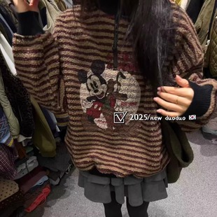 DUODUO 翻领字母图案半扣颗粒绒宽松套头卫衣打底衫