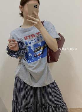 KISS SISTER 圆领字母卡通短袖T恤+格子半身裙两件套85222