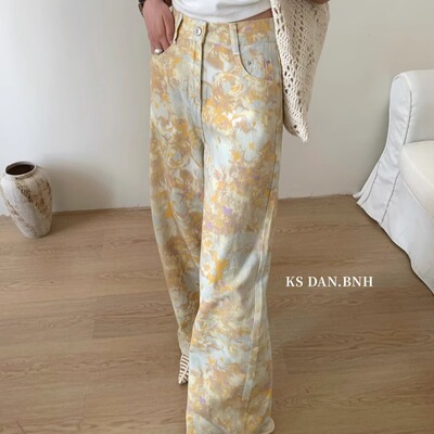 花朵图宽松阔腿牛仔裤显瘦拖地裤