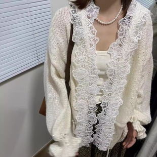 毛衣2417 针织衫 CHEN 连帽领拼接蕾丝花边开衫