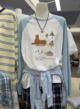 MISSHAPPY 圆领字母卡通图案插肩袖拼色T恤上衣88802