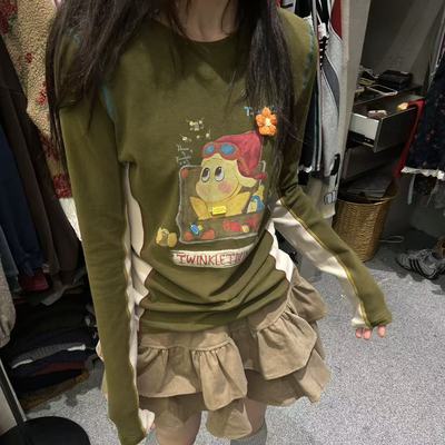 字母卡通图案拼色修身长袖T恤