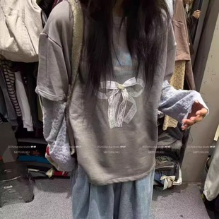 DUODUO 假两件磨毛T恤上衣 圆领蕾丝蝴蝶结拼接袖