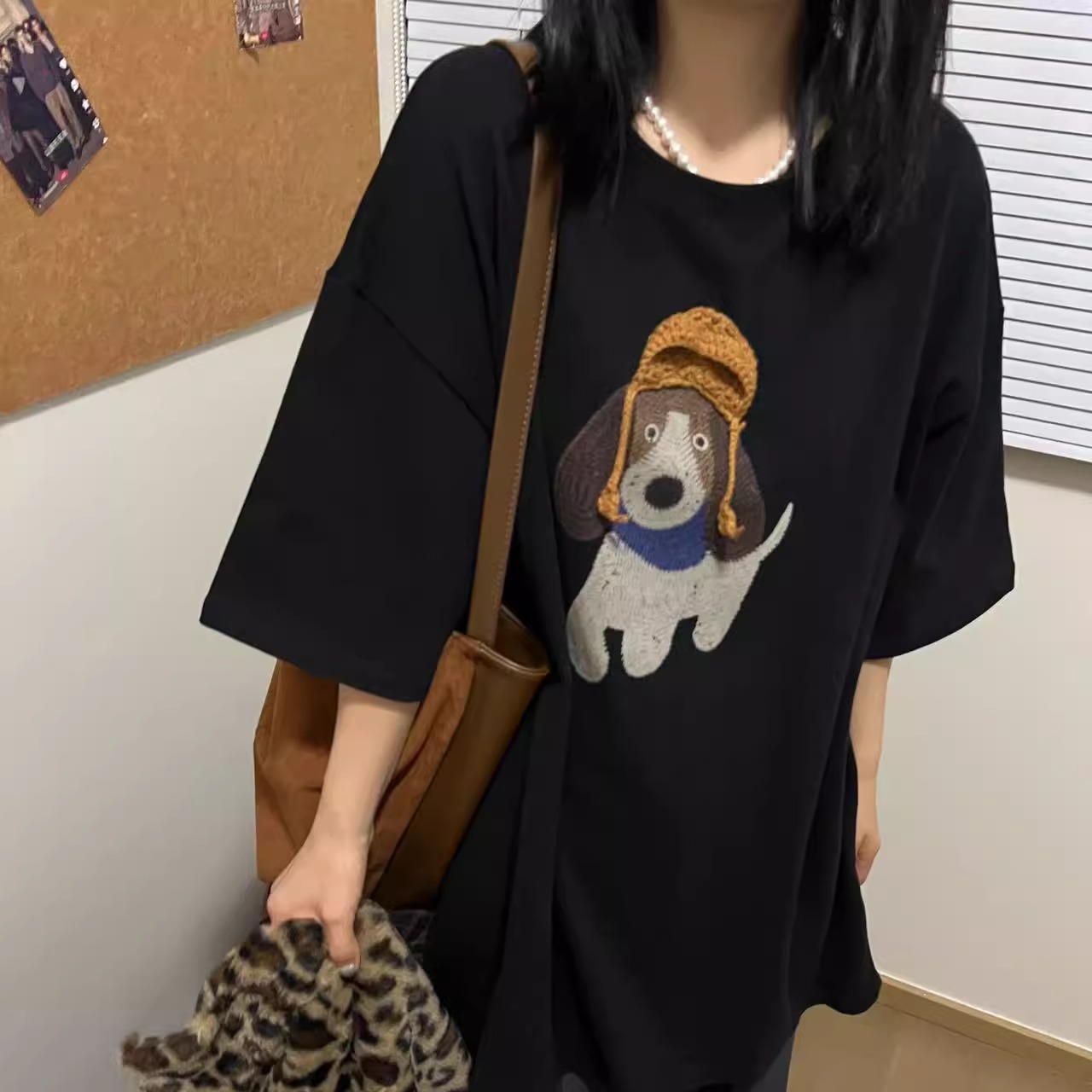 小狗卡通宽松厚款磨毛短袖T恤