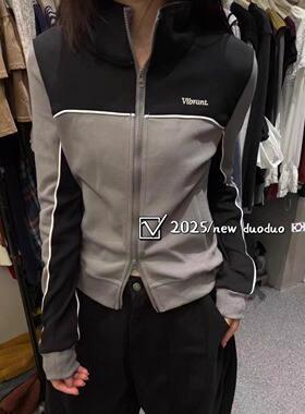 DUODUO 翻领字母白色边条拼色短款外套卫衣开衫