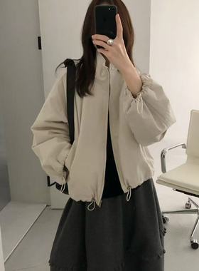 FROMSEVEN 翻领纯色高级感韩范抽绳夹棉外套棉服