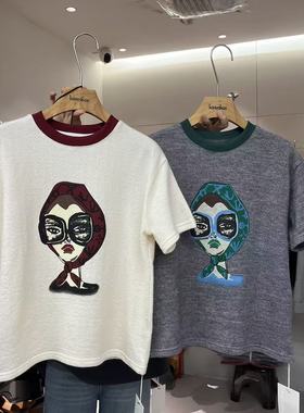 HANMIGAO 圆领卡通女孩图案拼色领边短袖T恤打底衫63625