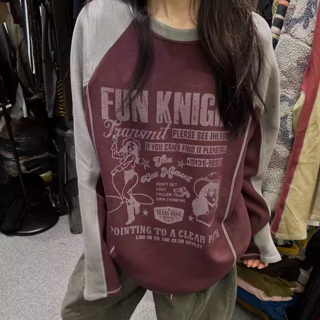 字母插肩袖拼色厚款磨毛长袖T恤