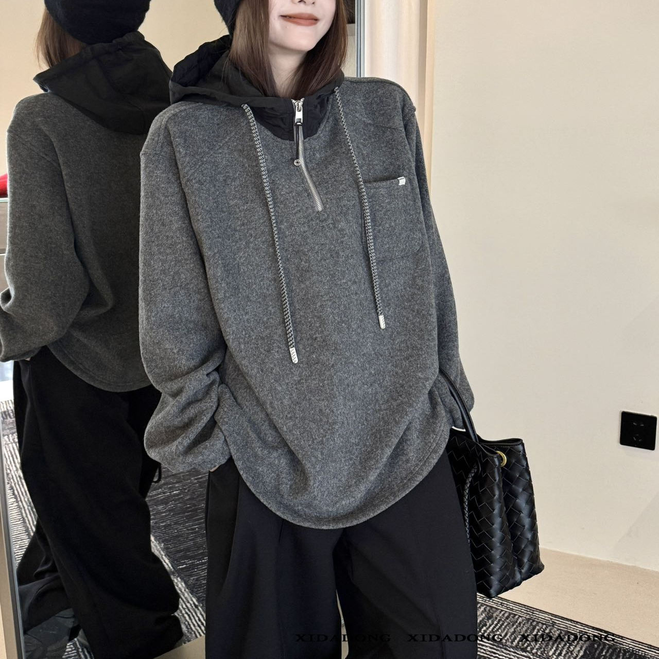 喜大东连帽领拼色半扣宽松卫衣