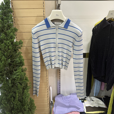 翻领拼色条纹短款长袖针织衫开衫