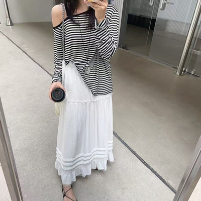 简约下摆蕾丝白色半身裙中长裙