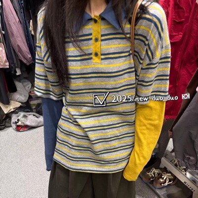 条纹拼接袖假两件T恤松弛感上衣