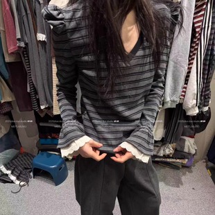 T恤百搭上衣 显瘦长袖 DUODUO V领条纹拼色泡泡袖