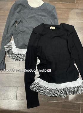 DUODUO 圆领垫肩荷叶边厚款磨毛长袖T恤百搭上衣733