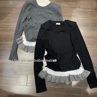 圆领垫肩荷叶边厚款磨毛长袖T恤