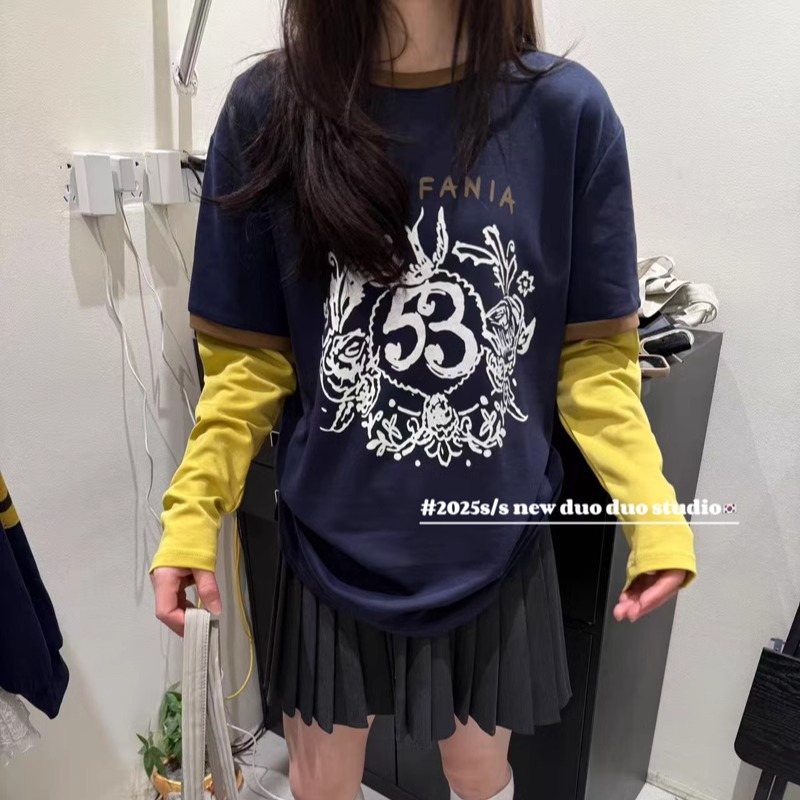 字母图拼接袖拼色假两件T恤上衣