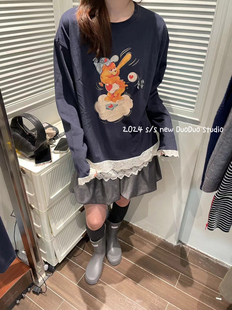 DUODUO 磨毛T恤上衣128 圆领卡通图案拼接蕾丝下摆长袖