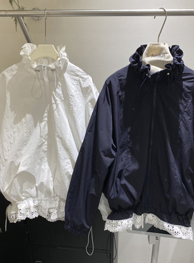 DUODUO 翻领纯色拼接下摆松紧蕾丝花边薄款风衣外套8071