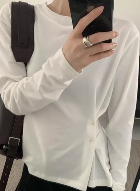 FROMSEVEN 圆领纯色钮扣收腰简约高级感长袖T恤百搭上衣