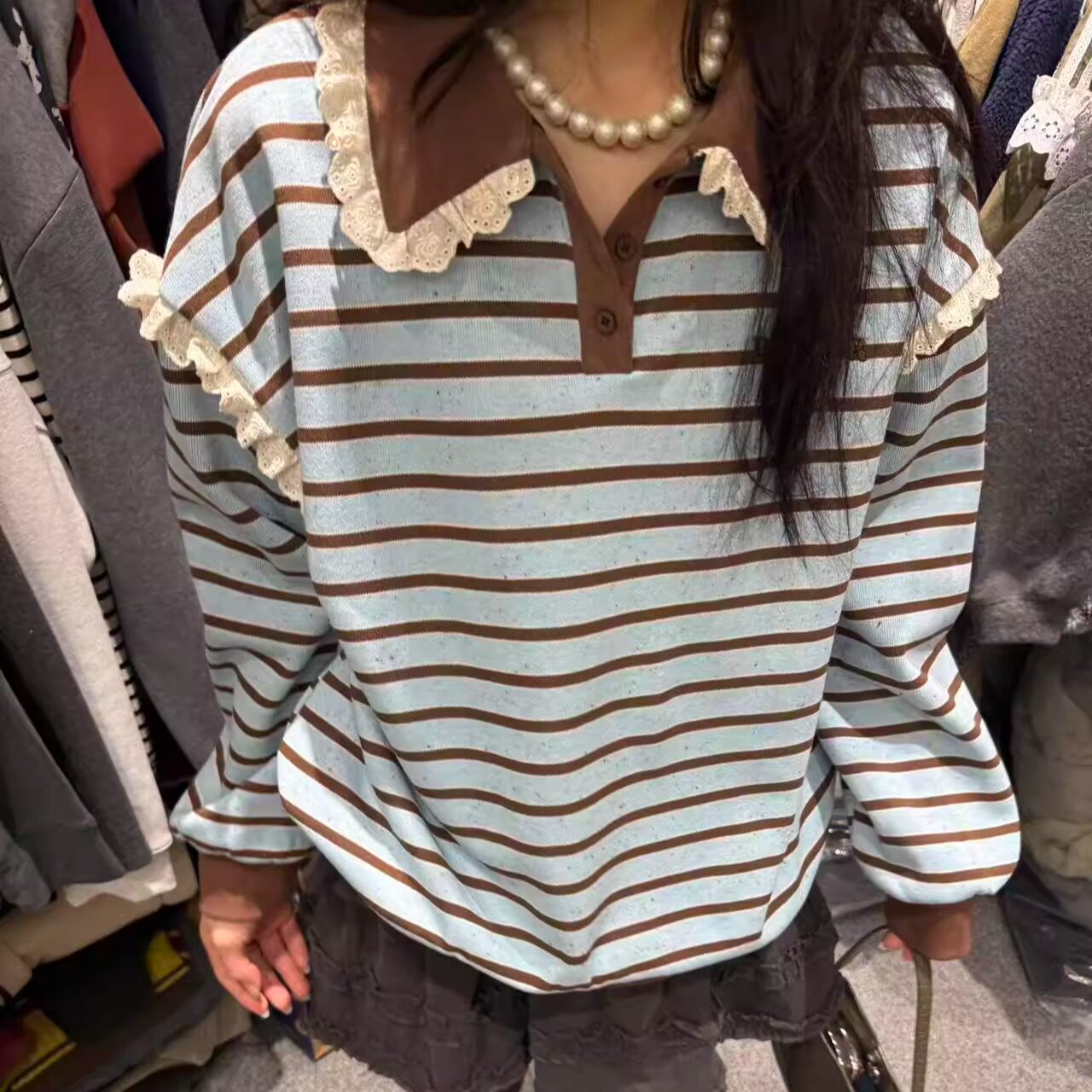 DUODUO 翻领条纹拼色宽松套头加绒卫衣POLO衫百搭打底衫