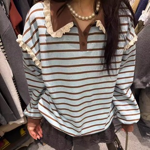 百搭打底衫 DUODUO 翻领条纹拼色宽松套头加绒卫衣POLO衫