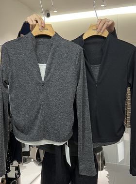 HANMIGAO V领两侧压皱显瘦假两件长袖T恤百搭上衣63172