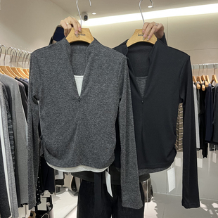 HANMIGAO T恤百搭上衣63172 V领两侧压皱显瘦假两件长袖