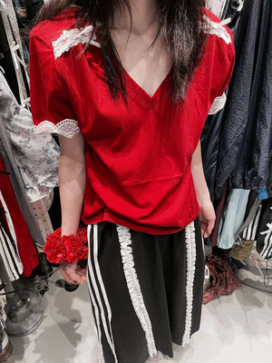 蕾丝花边蝴蝶结宽松短袖T恤上衣