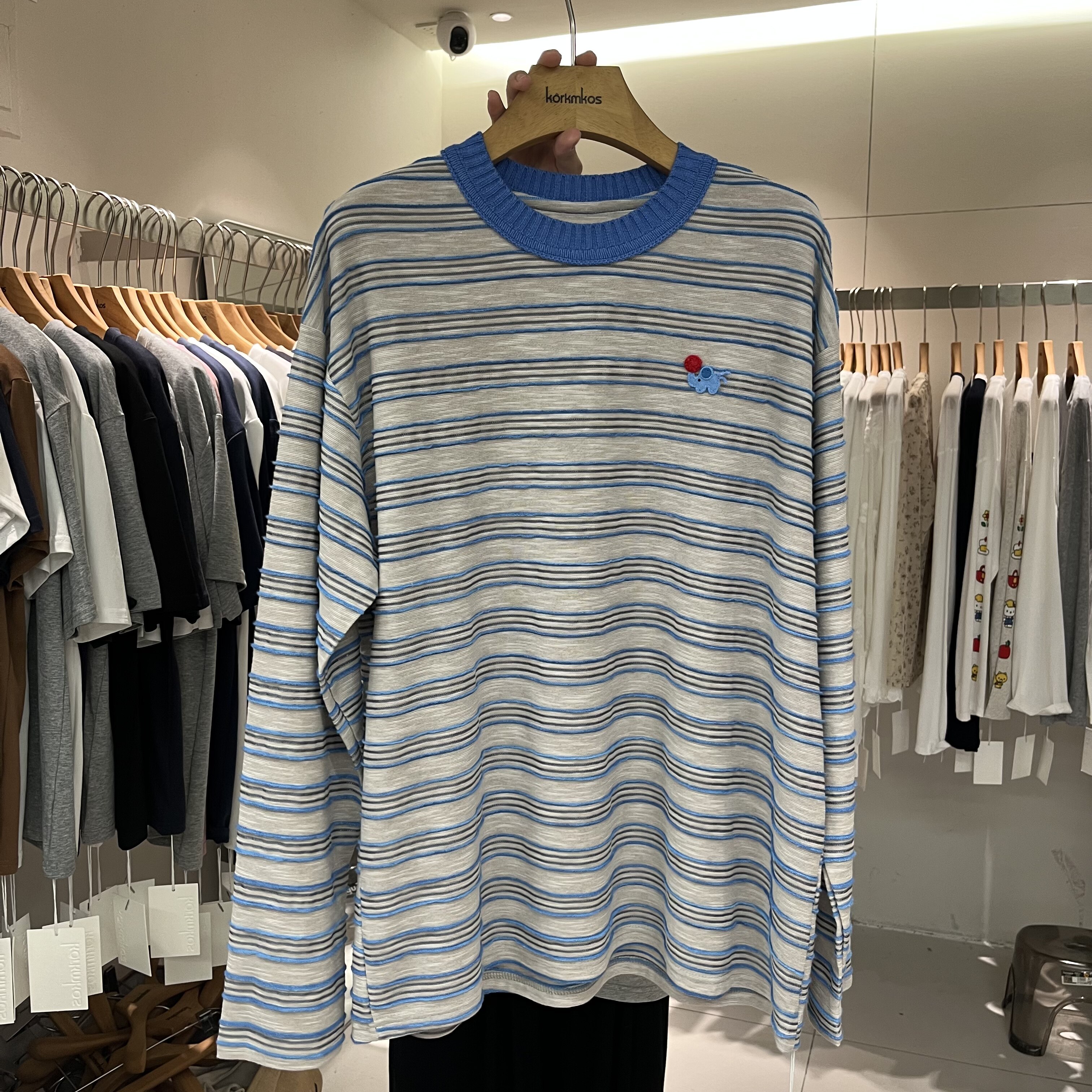 HANMIGAO 圆领卡通图案条纹拼色宽松长袖T恤百搭上衣